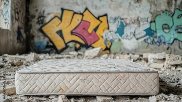 Fototapeta Dirty mattress in abandoned room with graffiti walls, raw atmosphere