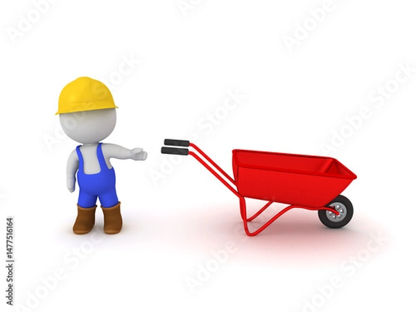 Fototapeta 3D Worker showing a wheelbarrow