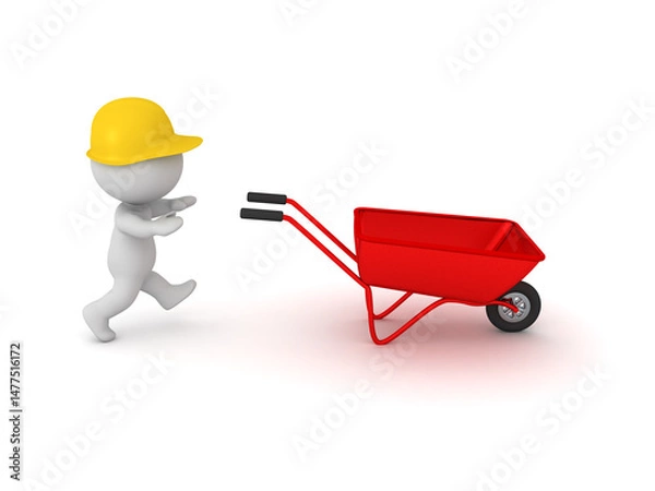 Fototapeta 3D Worker running towards a wheelbarrow