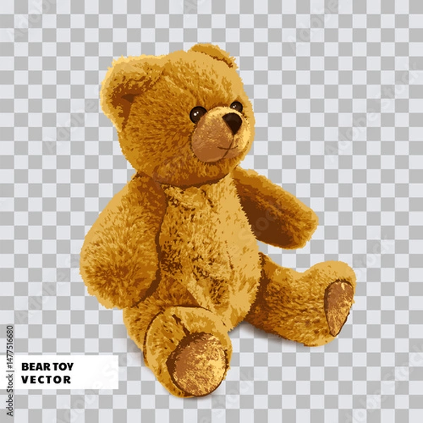 Fototapeta Bear toy realistic vector illustration on transparent background. Soft plush doll. Fashion print, poster design element