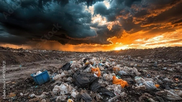 Fototapeta Overflowing landfill under a stormy sky, symbol of waste crisis