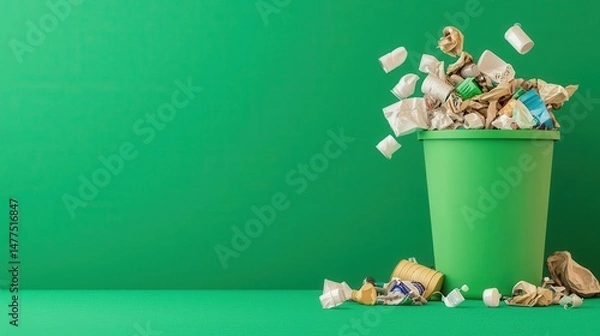 Fototapeta Overflowing recycling bin with unsorted trash, ecofailure visual