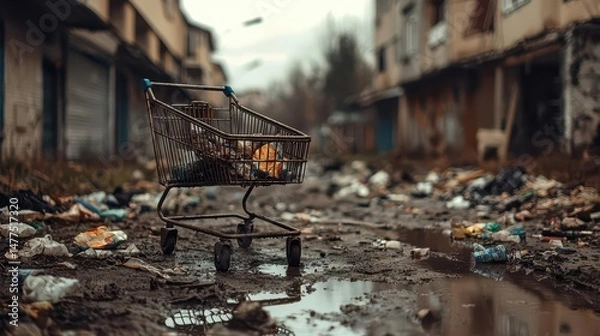 Fototapeta Rusty shopping cart in a muddy alley with scattered trash, urban filth theme