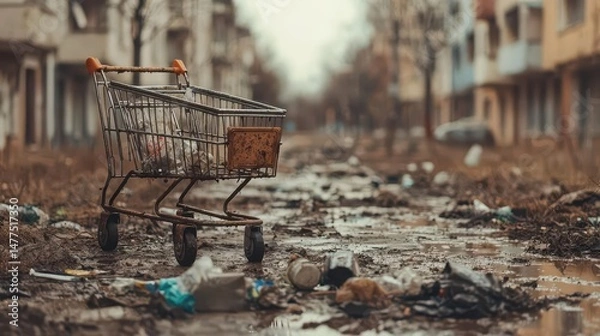 Fototapeta Rusty shopping cart in a muddy alley with scattered trash, urban filth theme