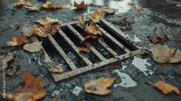 Fototapeta Sewer grate overflowing with oily water and leaves, urban drainage stress