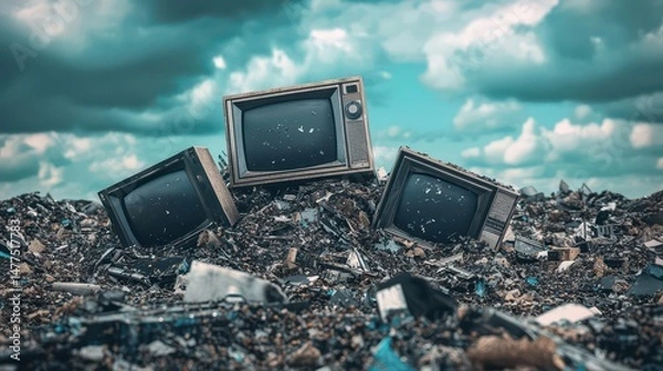 Fototapeta Smashed television in garbage heap, tech waste and pollution theme