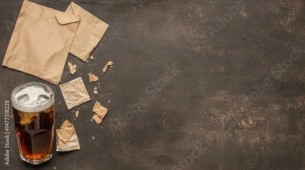 Fototapeta Sticky floor with spilled soda, crumbs, and old receipts, unclean lifestyle symbol