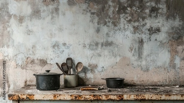 Fototapeta Abandoned kitchen with grease stains and broken utensils, dirty interior theme