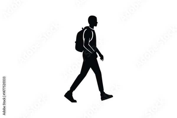 Fototapeta A man is walking with a backpack silhouette on white background