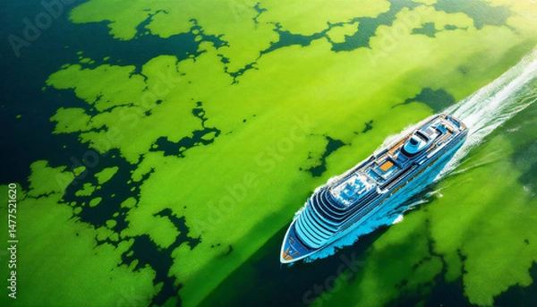 Obraz An overhead perspective capturing a cruise ship gliding through waters, creating a beautiful contrast with the surrounding natural element.