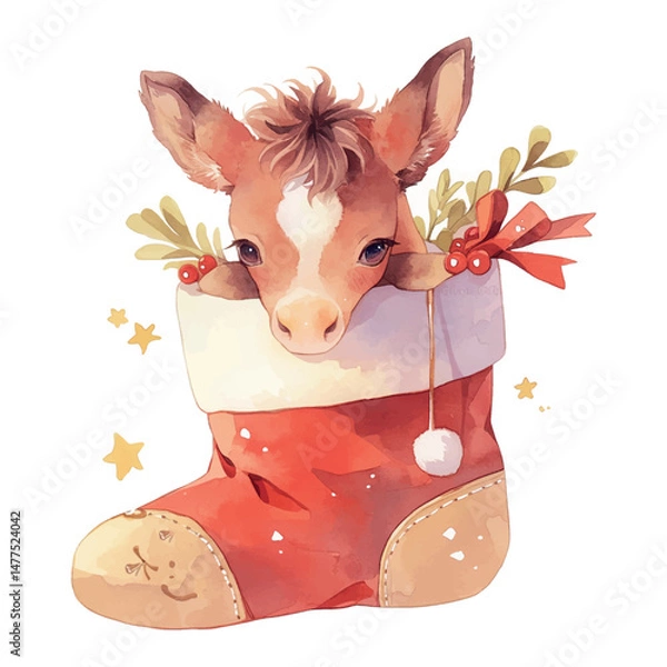 Obraz Cute calf peeking out of a festive Christmas stocking adorned with holiday decorations and vibrant colors