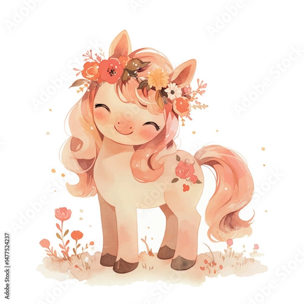 Obraz Cute pony illustration with floral crown in a meadow setting surrounded by flowers