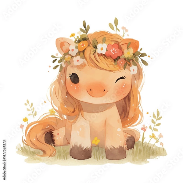 Obraz Cute pony illustration with floral crown in a meadow setting surrounded by flowers
