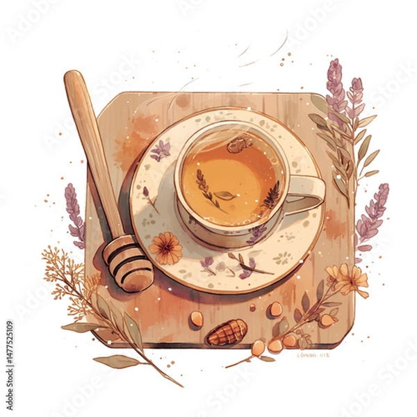 Obraz Warm herbal tea served with honey and flowers on a wooden board in a cozy setting during autumn