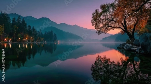 Obraz Serene nature landscape with river and mountains at dawn tranquil environment scenic view