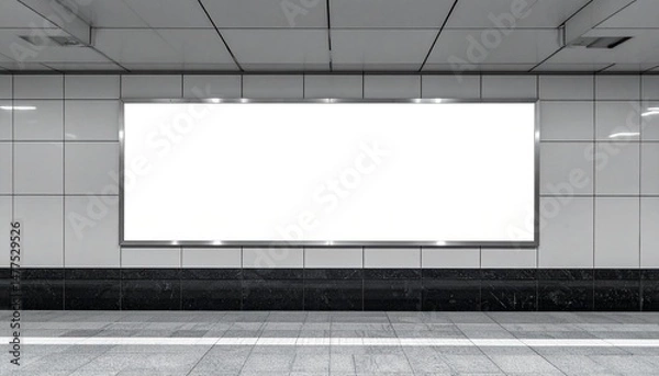 Obraz White Billboard in Metro Station - Billboard at Train Stop in Metropolis - Background for Mockup and Placement for Advertisement - Horizontal Blank Poster Whitebox Template