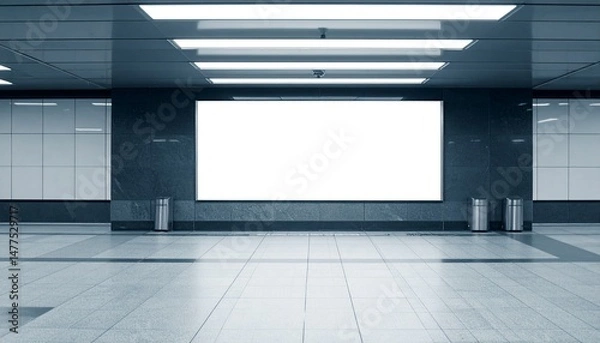 Obraz White Billboard in Metro Station - Billboard at Train Stop in Metropolis - Background for Mockup and Placement for Advertisement - Horizontal Blank Poster Whitebox Template
