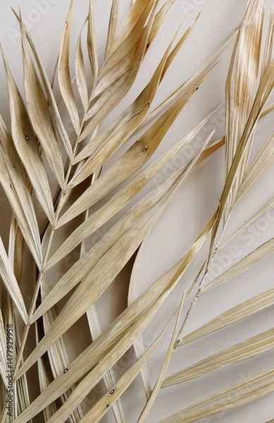 Fototapeta Dry palm leaf texture close up on beige background . Minimal fine art. Aesthetic plant Poster.
