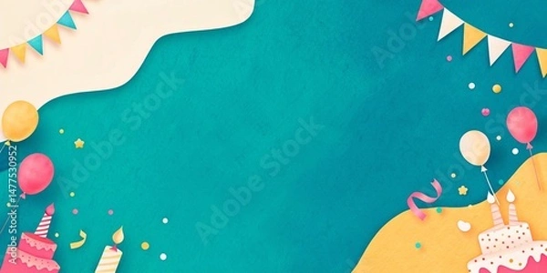 Obraz Colorful Birthday Celebration with Balloons, Cake and Fun Party Decorations on a rustic green background