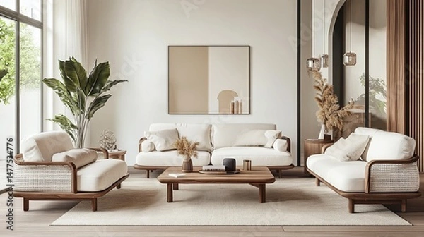 Obraz Scandi-style living room with soft furniture and light tones.