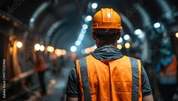 Obraz Worker in Safety Gear Observing Underground Tunnel Construction Site