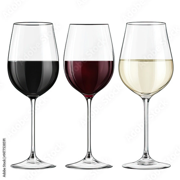 Fototapeta Elegant Wine Presentation: Three Glasses of Red and White Wine in a Row - Isolated on Transparent Background PNG