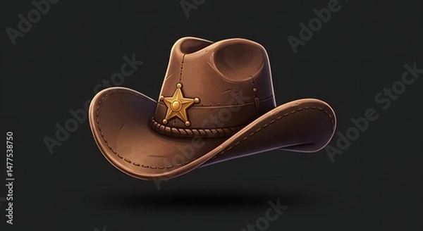 Obraz Brown Cowboy Hat with Star Badge Isolated on Dark Background