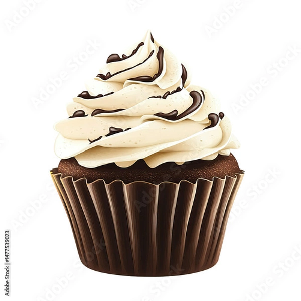 Fototapeta Delicious Chocolate Cupcake with Creamy Vanilla Frosting and Chocolate Drizzle Illustration - Isolated on Transparent Background PNG