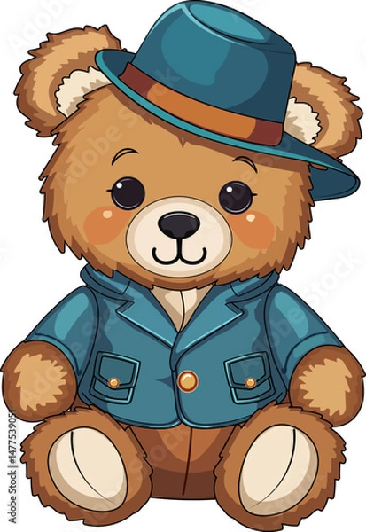Fototapeta Teddy bear in a hat.Color vector illustration with a bear cub in a suit and hat on a transparent background.