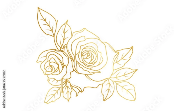 Obraz Golden rose flowers line art isolated on white background. Luxury roses floral design elements for invitation, wedding, wallpaper, print template, vector illustration