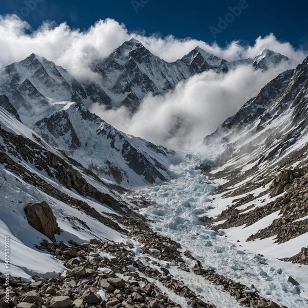 Fototapeta Avalanches roar down the western slopes of Lhotse, breaking the stillness of the high-altitude wilderness as snow clouds rise like smoke into the thin blue sky.