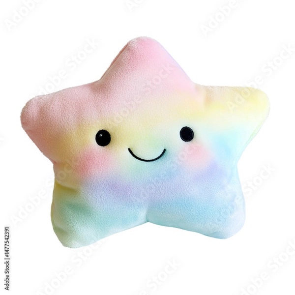 Fototapeta Adorable Pastel Star Plush Toy with Smiling Face for Kids, Nursery, or Baby Room Decor - Isolated on Transparent Background PNG