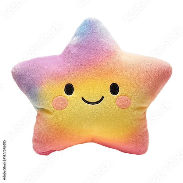 Fototapeta Cute Star-Shaped Pillow with Smiling Face and Pastel Rainbow Colors - Isolated on Transparent Background PNG