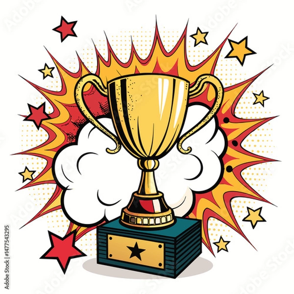 Fototapeta A vibrant cartoon battle royale trophy, engulfed in playful, colorful explosions.  Showcase dynamic action and celebratory elements.