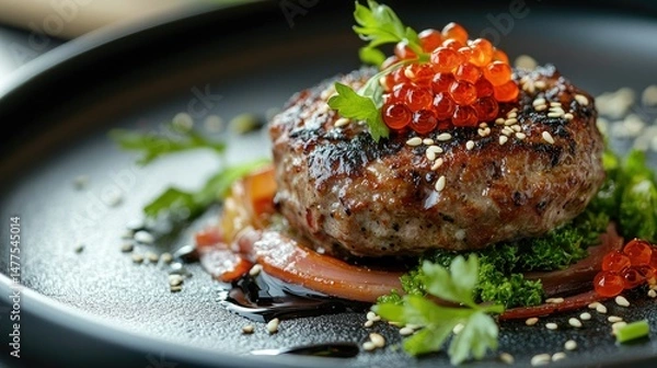 Fototapeta A close-up of a white plate featuring slices of seared tuna, crusted with black and white sesame seeds.