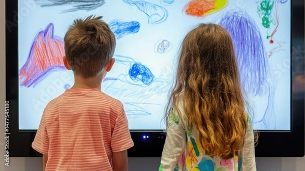 Obraz Two children, a girl with shoulder-length brown hair wearing a pink shirt and a boy with short brown hair in a black shirt, are engaged with a large digital screen.