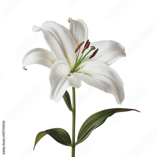 Fototapeta Elegant Illustration of a White Lily Flower with Detailed Petals and Green Stem - Isolated on Transparent Background PNG