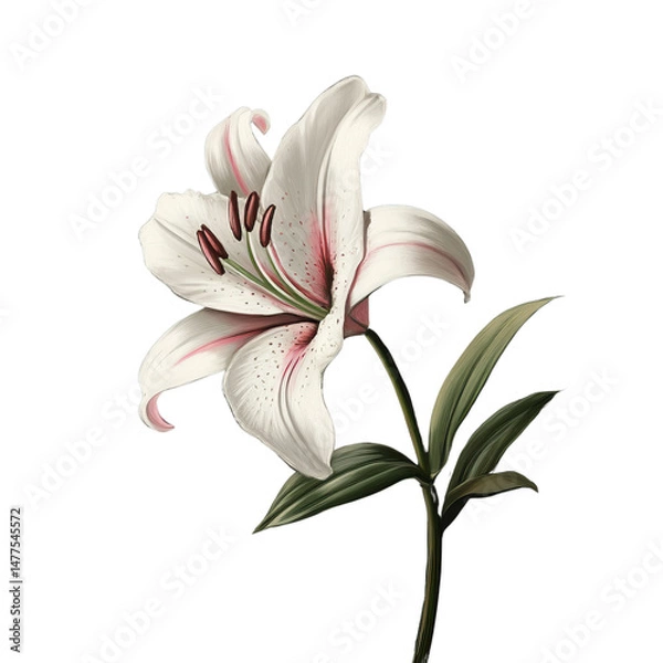 Fototapeta Elegant Illustration of a White Lily with Pink Accents, showcasing its delicate petals and graceful form - Isolated on Transparent Background PNG