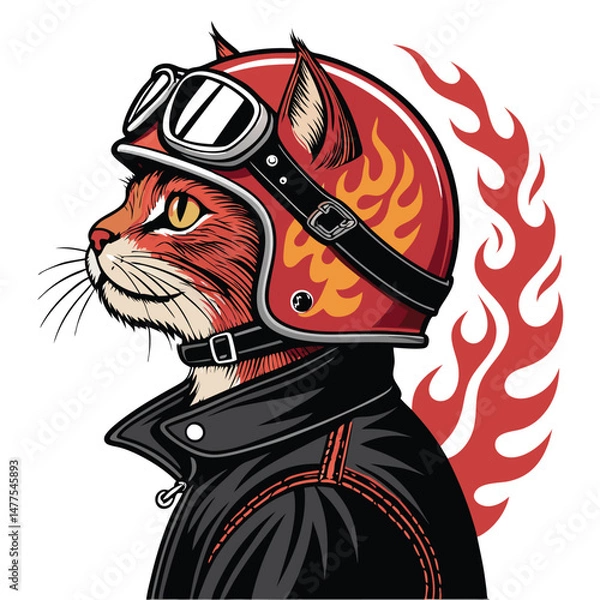 Fototapeta Design a biker gang patch featuring a fierce cat wearing a flaming skull helmet, incorporating classic biker gang style elements.