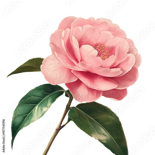 Fototapeta Elegant Pink Camellia Flower Illustration with Detailed Petals and Green Leaves - Isolated on Transparent Background PNG