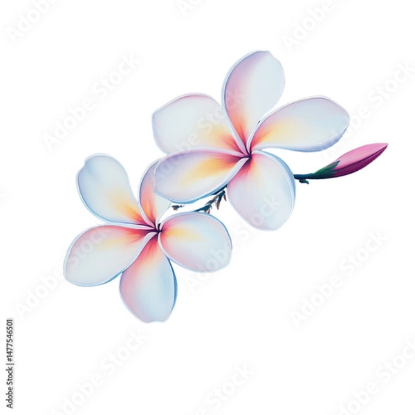 Fototapeta Elegant illustration of two blooming frangipani flowers with delicate white and pastel petals - Isolated on Transparent Background PNG