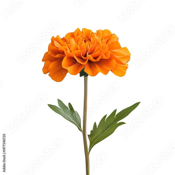 Fototapeta Vibrant Orange Marigold Blossom with Green Stem and Leaves, Close-up - Isolated on Transparent Background PNG