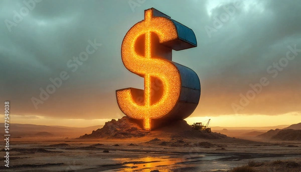 Obraz A monumental glowing dollar sign stands boldly on a desolate landscape, its radiant illumination symbolizing the powerful concept of wealth and finance. A thought-provoking exploration of value.