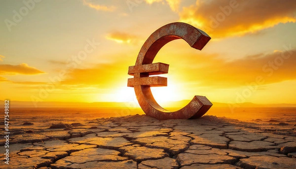 Obraz A large euro symbol stands in a cracked, dry desert landscape at sunset, symbolizing economic hardship and environmental challenges.