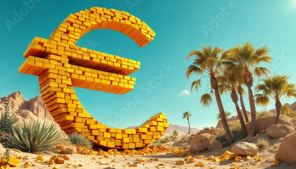 Obraz Giant golden euro symbol made of gold bars in desert landscape with palm trees.