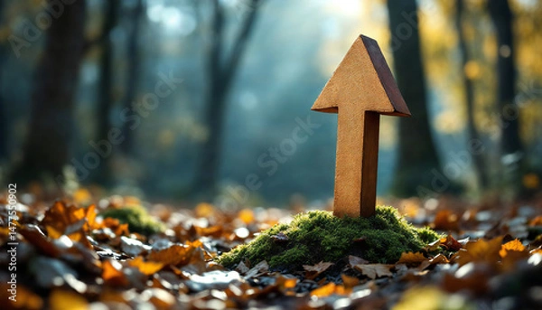 Obraz A wooden arrow pointing upwards amidst a forest floor, a symbol of growth and progress against the backdrop of a vibrant forest.
