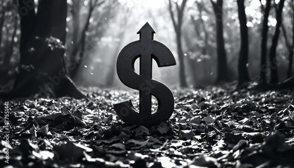 Obraz A monochrome image captures a striking Dollar symbol amidst a forest, representing economic concepts, financial growth, and nature's value.