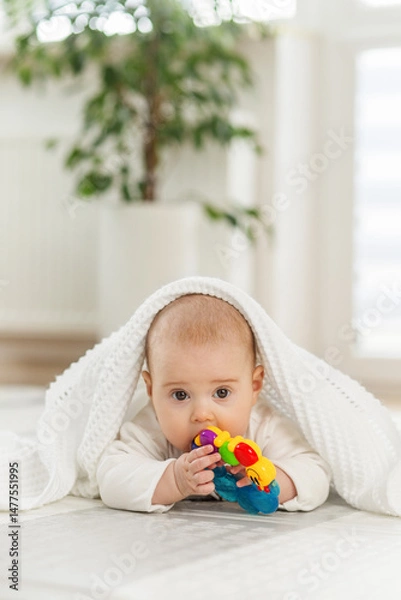 Fototapeta Baby care concept. Baby exploring colorful toy while playing on soft blanket indoors
