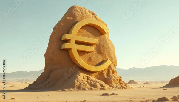 Obraz A monumental symbol of the Euro currency, elegantly carved into a towering rock formation, stands as a powerful emblem of financial stability against a stark desert backdrop.