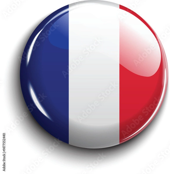 Fototapeta Glossy round icon with the France flag. Blue red and white button with 3D shine, symbolizing patriotism and national identity. Great for UI, apps, infographics, and global content.